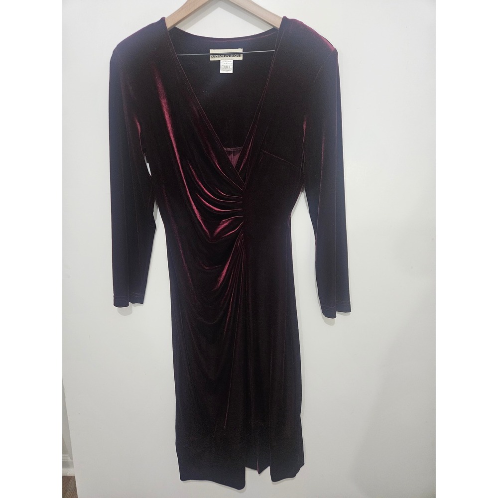 Seventh Avenue Burgundy Velvet Ruched V-Neck Long Sleeve Midi Dress Size 8